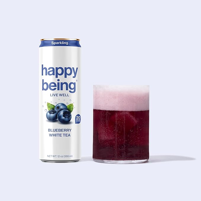 Happy Being Sparkling Nutrient-Rich Blueberry White Tea – Infused with Turmeric, Elderberry, Vitamin D3, Caffeine Free, Plant-Based, Low Calorie & Low Sugar Drinks, 12oz (4 Pack)