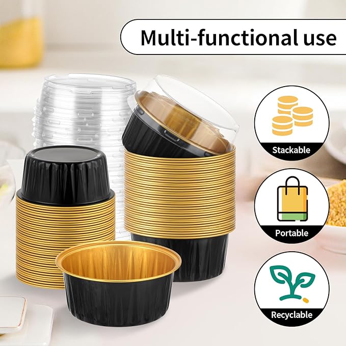 200Pack Mini Cake Pans with Lids Baking Cups with Spoons (Black&Gold)
