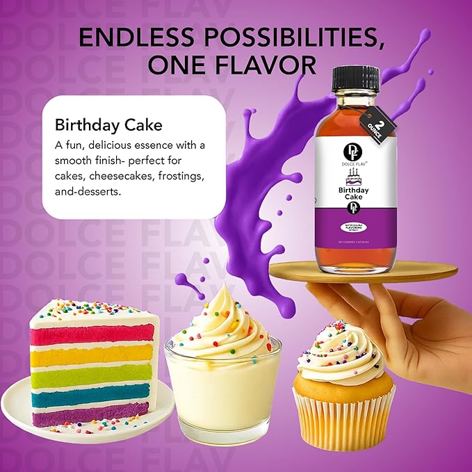 Dolce Flav Birthday Cake Extract ??2 Ounce Water-Soluble Kosher, Sugar-Free, Concentrated Festive Cake Flavoring for Frostings, Cupcakes & Desserts, Includes Measured Dropper