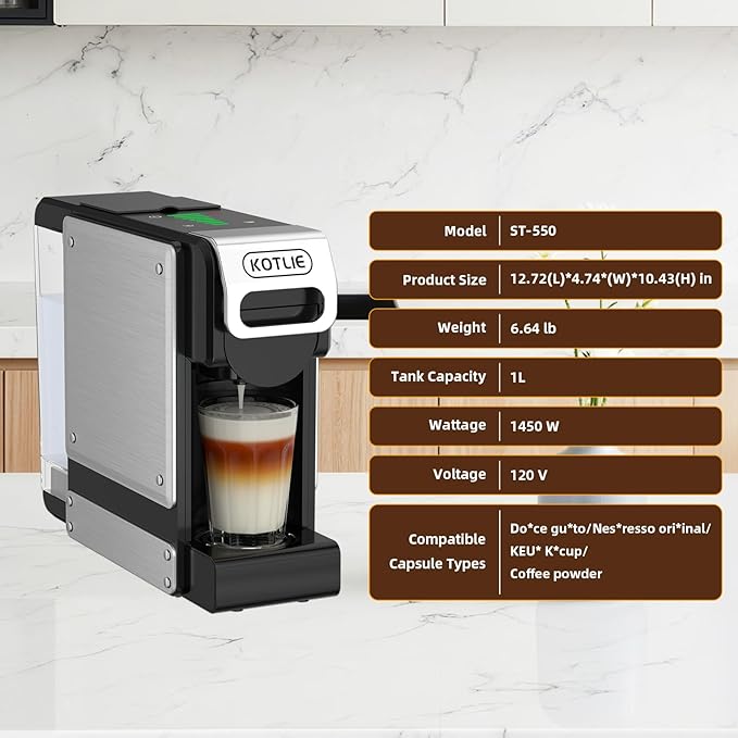 KOTLIE ST-550 Single Serve Coffee Maker, Espresso Capsule Coffee Maker for K*cup capsule/Ne*s Original/Dol*e Gu*to and Ground Coffee, 19Bar, 1L, Compact竊뉰lackç«?,<div>