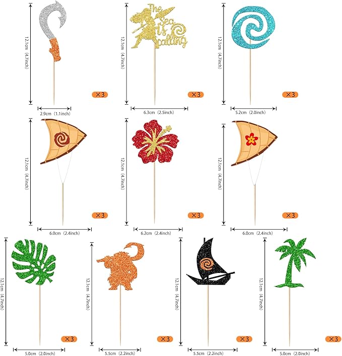 30 Pack Moana Cupcake Toppers Glitter Palm Leaf Moana Cupcake Picks The Sea is Calling Hawaiian Tropical Cake Decorations for Luau Summer Baby Shower Birthday Party Supplies