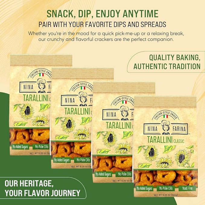 NINA FARINA Tarallini Classic -Fresh Baked Italian Crackers Free from Added Sugars, Palm Oils and Yeast - Italian Style Nutritious Tarallini Crackers Great for Health 6.35oz/bag (4PACK)