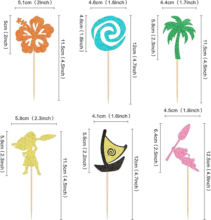 24Pcs Mo Inspired Birthday Cupcake Toppers Glitter Palm Leaf Flower Moana Cupcake Pick Decorations for Tropical Hawaiian Luau Theme Baby Shower Birthday Party Supplies
