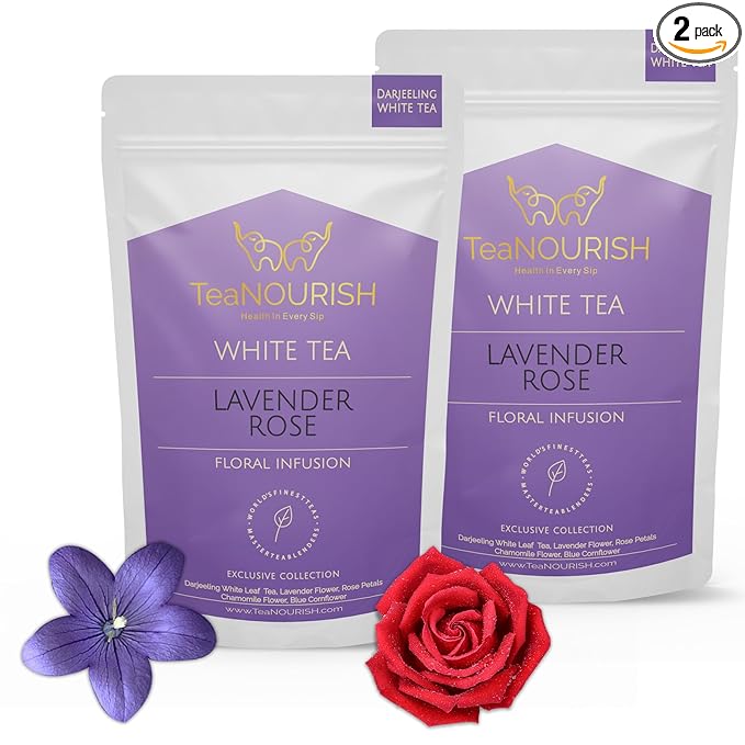 TeaNOURISH Lavender Rose White Tea | Darjeeling Silver Needles White Loose Leaf Tea Blended with Lavender, Rose Petals, Chamomile & Blue Cornflower - 1.76oz/50g (Pack of 2)