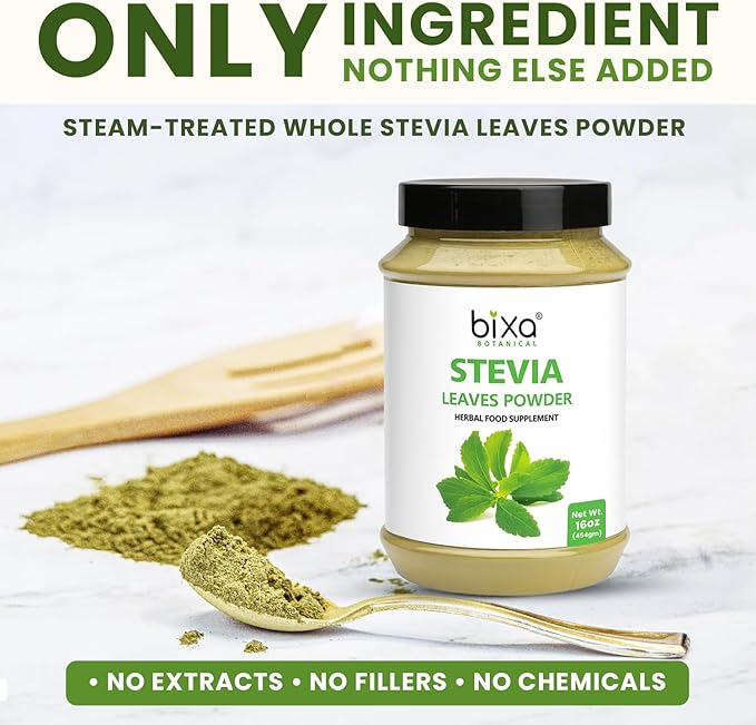 bixa Botanical Stevia Leaf Powder (Stevia Rebaudiana) Natural Herbal Supplement | Natural Alternative of Unprocessed Sugar | Gluten Free, Non-GMO, Steam Treated, Vegan pure 16 Ounce Pack of 1