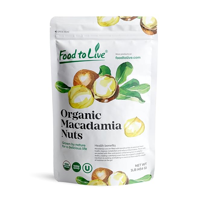 Food to Live Organic Whole Macadamia Nuts, 1 Pound – Non-GMO, Raw, Shelled, Unsalted, Kosher, Vegan, Bulk. Keto Snack. Buttery Flavor. Good Source of Fiber, Healthy Fats. Perfect for Desserts.