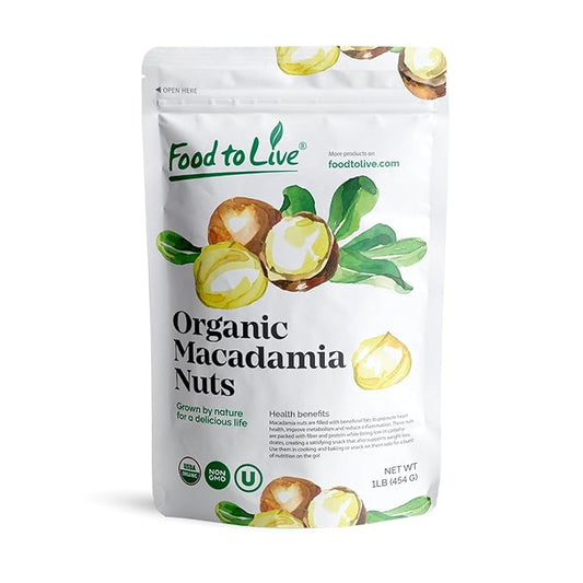 Food to Live Organic Whole Macadamia Nuts, 1 Pound – Non-GMO, Raw, Shelled, Unsalted, Kosher, Vegan, Bulk. Keto Snack. Buttery Flavor. Good Source of Fiber, Healthy Fats. Perfect for Desserts.