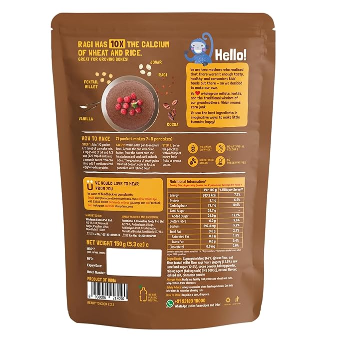 Slurrp Farm Millet Pancake Mix | Chocolate Flavor | Made with Jowar, Oats & Ragi | No Maida, No Refined Sugar | Healthy, Tasty & Easy Breakfast for Kids & Adults | 5.29 Oz (150g)