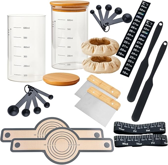 2 Pack Sourdough Starter Jar Kit ??24oz Sourdough Jars Set with Lids, 2 Bread Slings, Spatula Set, Scrappers Set, 5x Measuring Spoons & Starter Tools ??Essential Sourdough Bread Baking Supplies