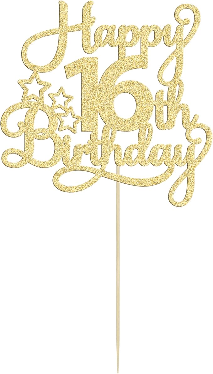 1 Pack Happy 16th Birthday Cake Topper Glitter Sweet 16 Cake Pick - Gold
