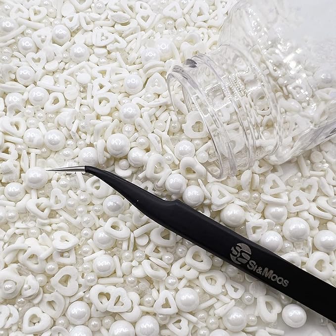White Heart and Pearl Sprinkles White Edible Pearls Heart Confetti Sprinkles Christmas Cookie Decorations Edible Sugar Pearls for Cakes,Cupcakes Toppers Baby Shower Wedding Supplies 3.35 OZ with Tweezers
