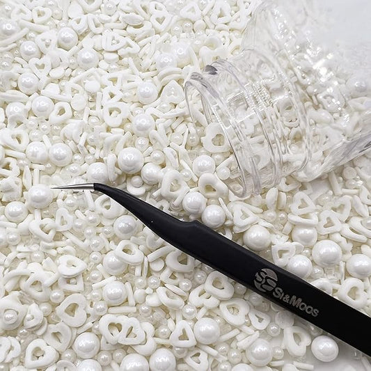 White Heart and Pearl Sprinkles White Edible Pearls Heart Confetti Sprinkles Christmas Cookie Decorations Edible Sugar Pearls for Cakes,Cupcakes Toppers Baby Shower Wedding Supplies 3.35 OZ with Tweezers