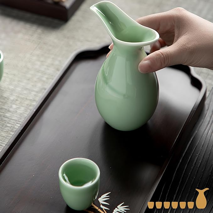 Ceramic Sake Set, Japanese Sake Set Traditional, Sake Set of 7, 1 Tokkuri Bottle (6.4 oz) and 6 Ochoko Cups (0.7 oz), Retro style, Solid Color Glazed Surface, for Hot or Cold Sake