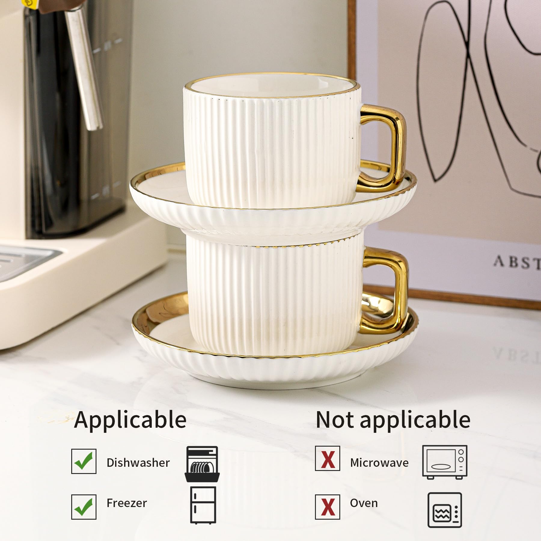 LETAOTAO Cappuccino Cups with Saucers, 8oz Ceramic Coffee Cups with Saucers Set, Latte Art Coffee