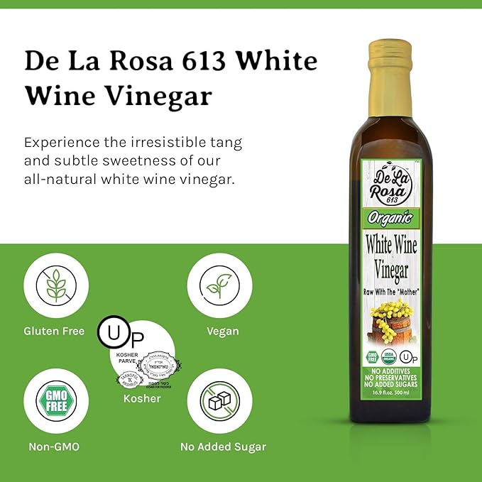 De La Rosa White Wine Vinegar, Raw & Unfiltered, with the “Mother”, Kosher for Passover, Vegan, Non-GMO & Gluten Free, Great for Salad Dressings, Marinades & More, Organic White Wine Vinegar, 16.9 Oz (Pack of 1)