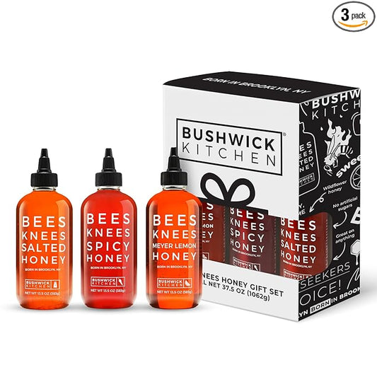 Bushwick Kitchen Bees Knees Honey Sampler Gift Box, Set Includes Spicy Honey, Meyer Lemon Honey, Salted Honey Sauces, Honey Inspired Recipes, Bushwick Kitchen Tea Towel, and Ready-to-Gift Box