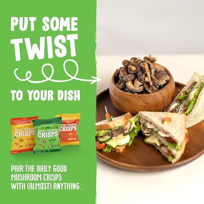 The Daily Good Shiitake Mushroom Crisps - 1-Pack Mushroom Chips, Yummy Dried Shiitake Mushrooms, Gluten-Free Mushroom Snack, Low-Temperature Vacuum Fried, Vegan Food, Wasabi Flavor, 0.2 lbs