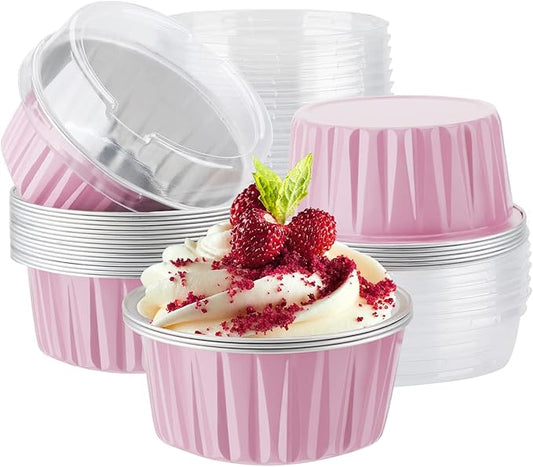 EUSOAR Baking Cups with Lids, Pink 25Packs 5oz Disposable Aluminum Foil Mini Muffin Liners, Dessert Cheesecake Pan Creme Brulee Cupcake Ramekins Containers for Catering Gathering Club Wedding Party