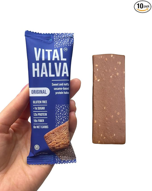 Vital Halva - Original - Sesame Butter Protein Bar (10 Bars, 65g each), Gluten Free, High Fiber, Low Sugar Snack, 12g Protein, 6 Net Carbs