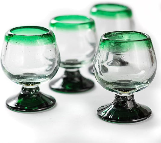 Authentic Mexican Tequila Hand Blown Shot Glasses - Set of 4-2 oz - Mini Glass Snifters - Heavy Base - Cognac (Green Rim)