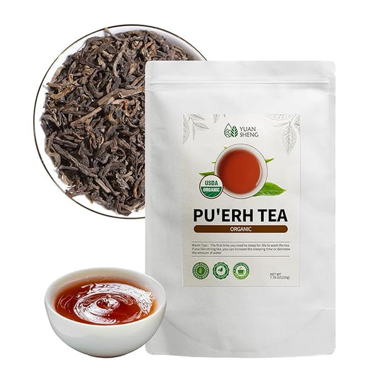 YUANSHENG Organic Puerh Tea Loose Leaf, Chinese Yunnan Aged Fermented Black Tea, USDA Organic Ripe Puerh Tea, Rich Antioxidants, Deep Earthy Flavor, Digestive Health & Wellness Tea, 7.76 Oz
