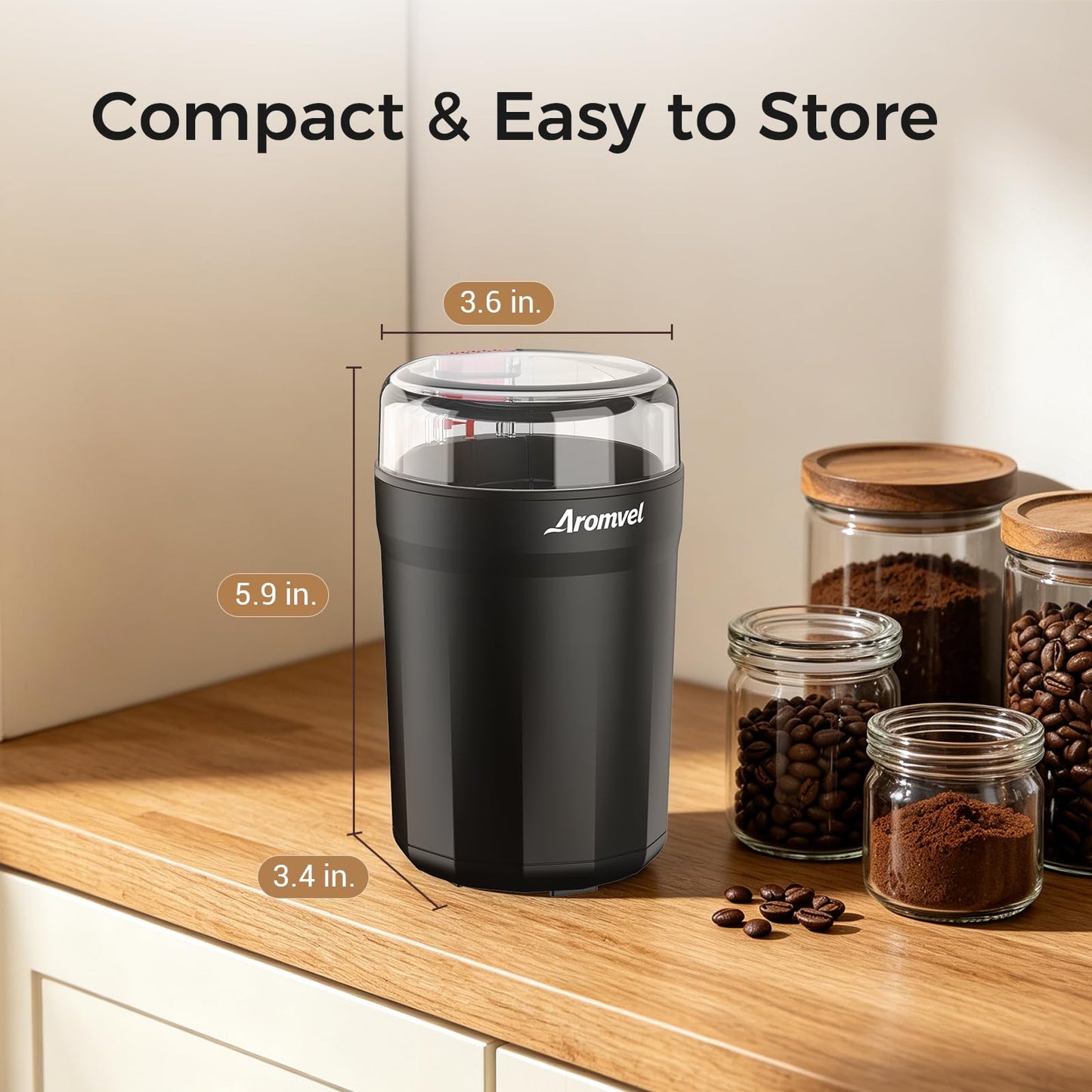 Aromvel Electric Coffee Grinder, 2-in-1 Cleaning Brush & Scoop, Safety Lid