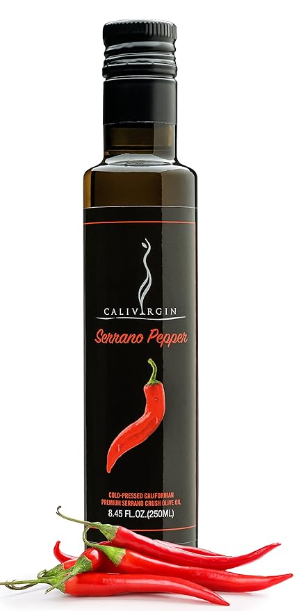 Calivirgin Serrano Pepper Olive Oil - Spicy Infused Extra Virgin Olive Oil - Cold Pressed Olive Oil - Spicy Flavored Olive Oil - No Preservatives - Gourmet Olive Oil - Organically Grown Olives - 250ml