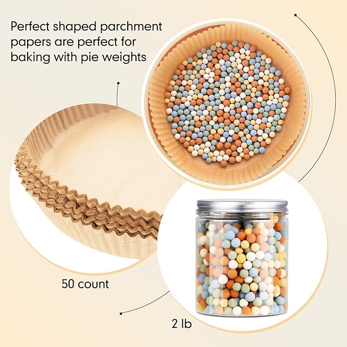 1 Pack Multi Color 2 lb Pie Weights for Baking Crust Ceramic Weights Blind Baking Beads with 50 Pcs Disposable Parchment Paper Pie Liner Fit 8,9,10 Inch Dish