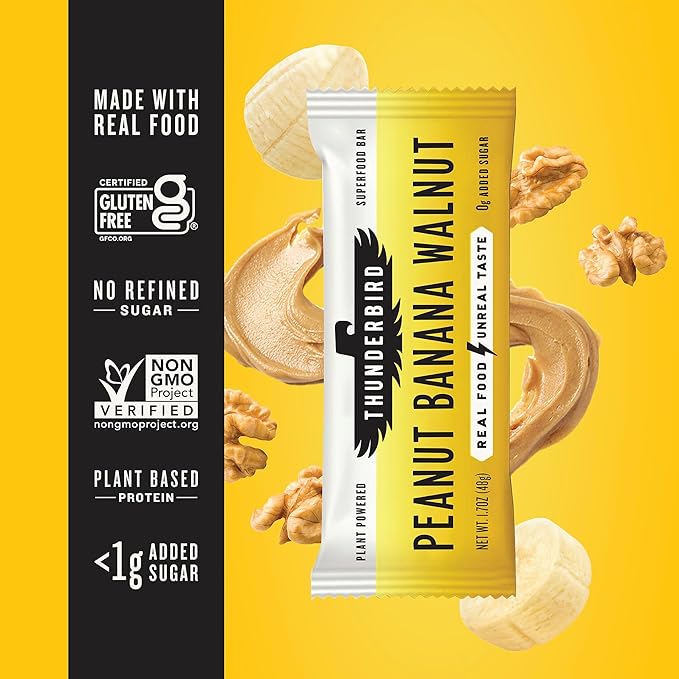 Thunderbird Bars Energy Snack, Gluten-Free with Protein, Healthy Real Food, Vegan Non-GMO, No Added Sugar, Peanut Banana Walnut Flavor (12 Count, 1.7 oz. Bars)