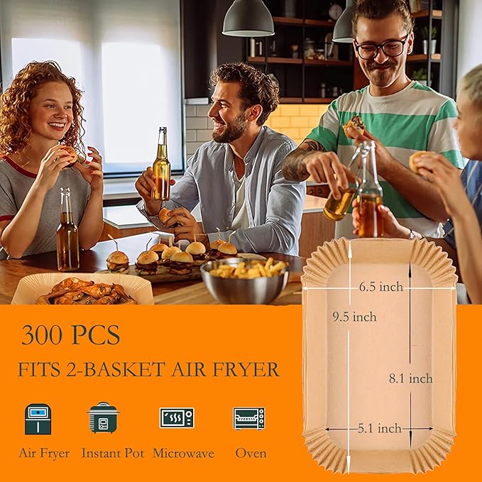 300 PCS Air Fryer Liners Disposable, 8.1 * 5.1 inch Air Fryer Paper Fit 2-Basket 8-10QT Ninja Dual, Food Grade Air Fryer Accessories Baking Paper for Ninja DZ201,DZ401,DZ550,SL401