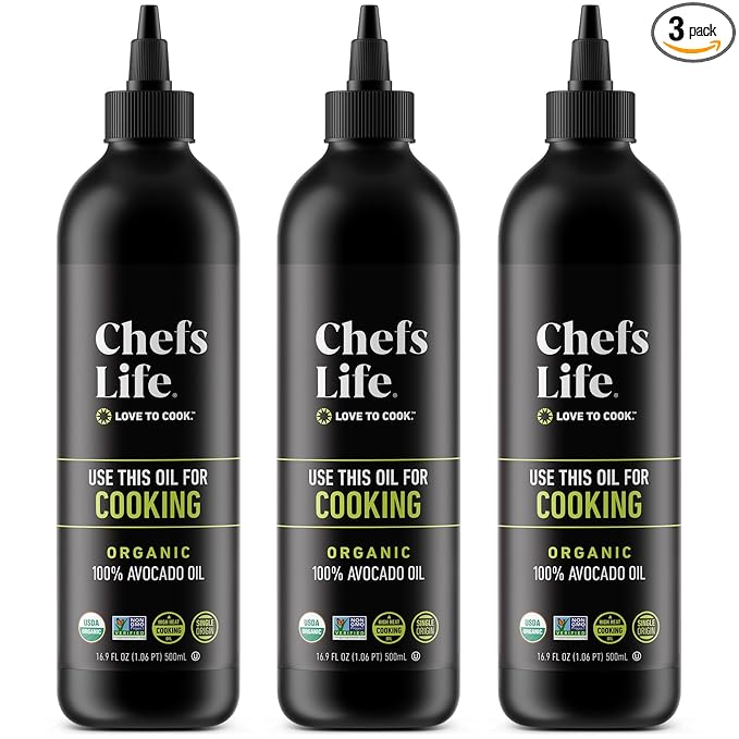 Chefs Life Organic Avocado Oil - Organic Avocado Oil For Cooking, Avocado Oil Organic for Dressing, Dipping, Drizzle, 100% Pure, Single Origin, Non GMO - 16.9 Fl Oz Squeezable Bottle (3 Pack)
