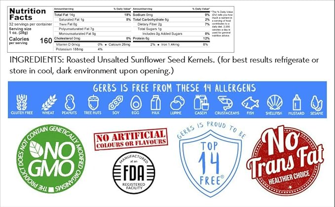 Unsalted Sunflower Seed Kernels by Gerbs – 2 LBS - Top 11 Food Allergen Free & Non GMO - Premium Dry Roasted Shelled Sunflower Seeds – COG USA