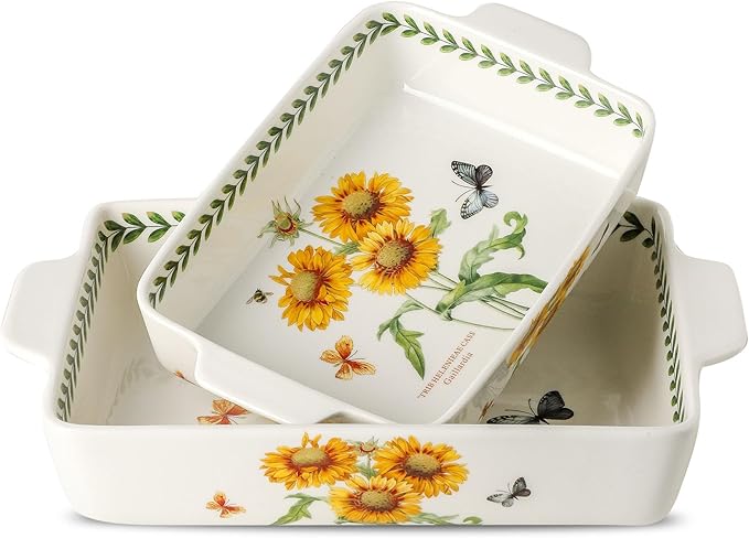 Ceramic Baking Casserole Dish with Handles, Large 8x13 inch & 6x10 inch Pan and Middle Baking Pan - Porcelain Serving Bakeware Set (Sunflower)