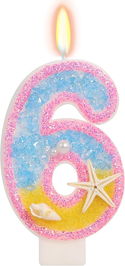 6th Birthday Candle for Cake, Pink Beach Starfish Sequins Number Cake Candles, 2.76 inch Pink Cake Topper Decoration for Birthday Party (Number 6)