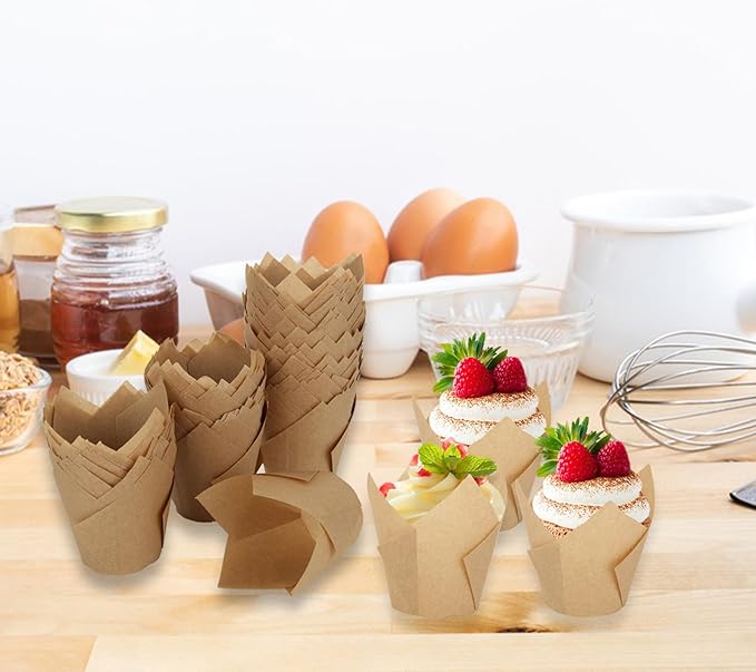 400 PCS Tulip Cupcake Liners Muffin Paper Baking Cups Parchment Paper Muffin Liners Holders Greaseproof Cupcake Wrapper for Party Wedding Birthday Parties Banquets, Natural