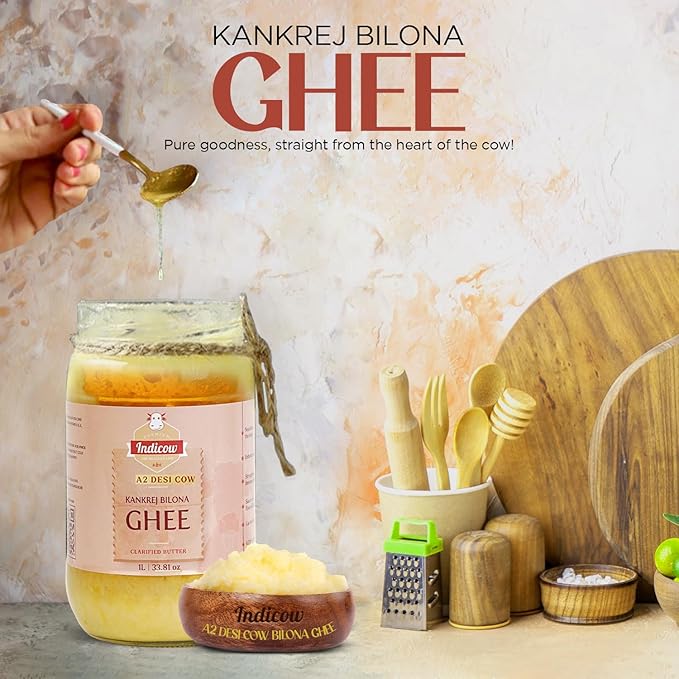 Indicow A2 Desi Cow Ghee, Clarified Butter | Grass Fed Cows | (500ml (16.91oz), A2 Kankrej Cow Ghee) | Keto and Paleo Friendly| a2 ghee organic grass fed