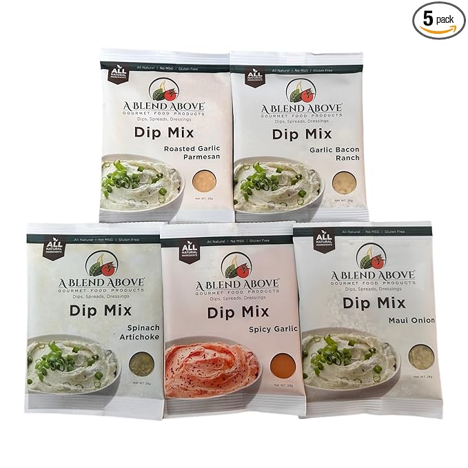 A Blend Above Best Sellers Dip Mix 5 Pack Includes Roasted Garlic Parmesan, Maui Onion, Garlic Bacon Ranch, Spicy Garlic, and Spinach Artichoke