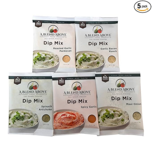 A Blend Above Best Sellers Dip Mix 5 Pack Includes Roasted Garlic Parmesan, Maui Onion, Garlic Bacon Ranch, Spicy Garlic, and Spinach Artichoke