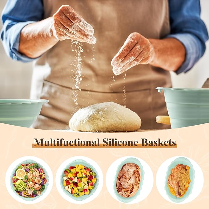 Neddie Upgraded Silicone Banneton Bread Proofing Basket, Sourdough Bread Baking Supplies Set of 2,9 Inch Round & 10 Inch Oval Foldable Sourdough Baking Baskets, Sourdough Starter Kit(Green)