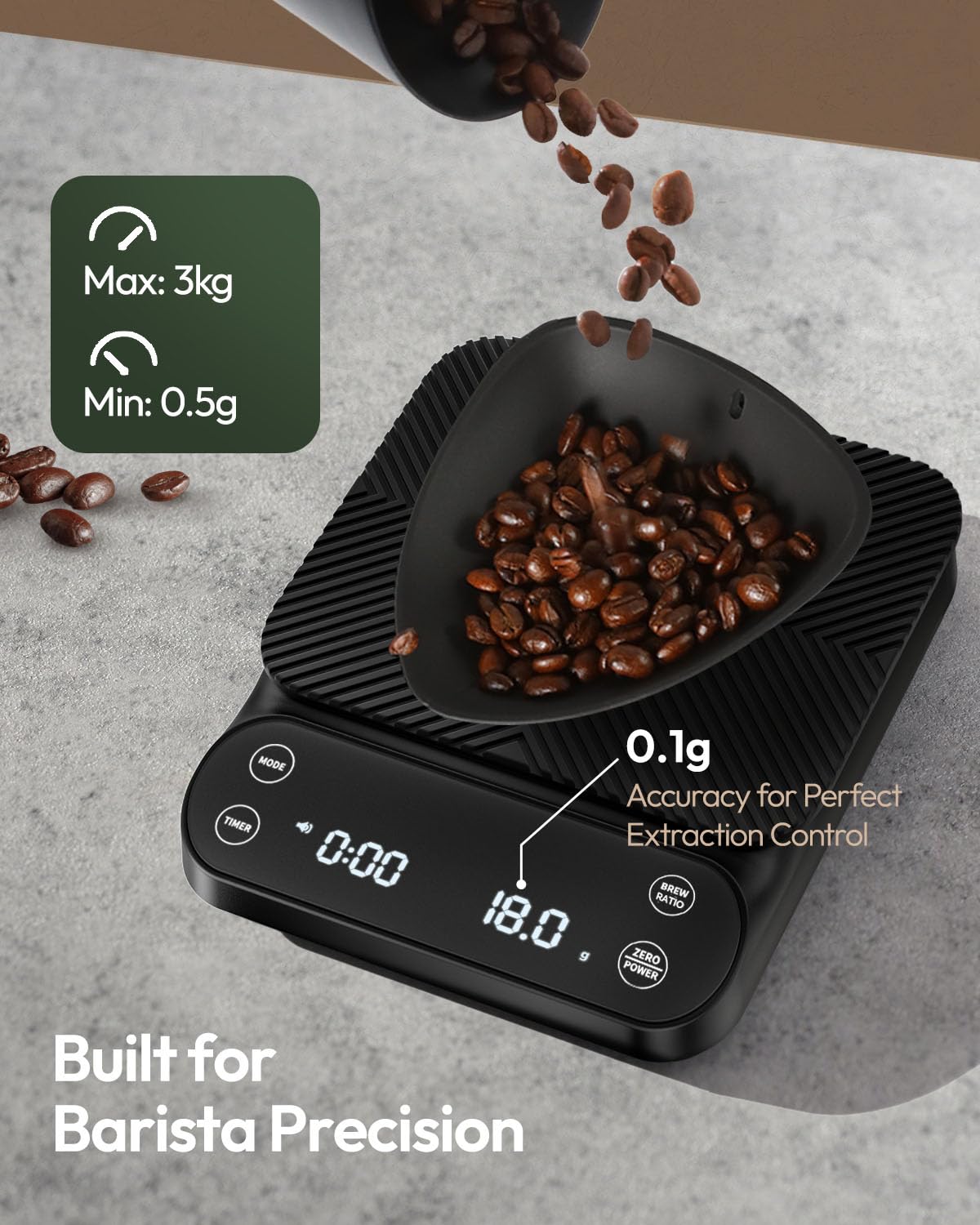 Maestri House S3 Pour Over Coffee Scale with Timer, 3kg/0.1g