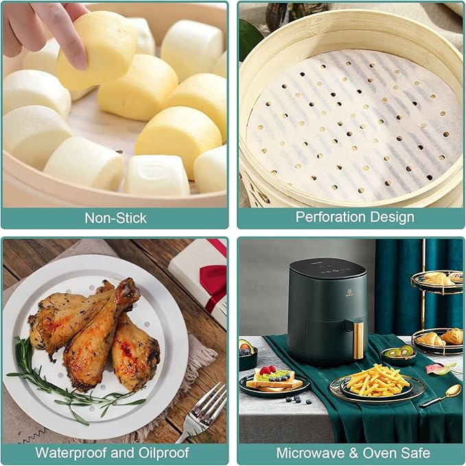 Air Fryer Liners Disposable Parchment Paper, Numola 100 Pcs Airfryer Sheets, 7 Inch White Non-stick Steamer Liner for Oven, Microwave, Bamboos Steaming Basket