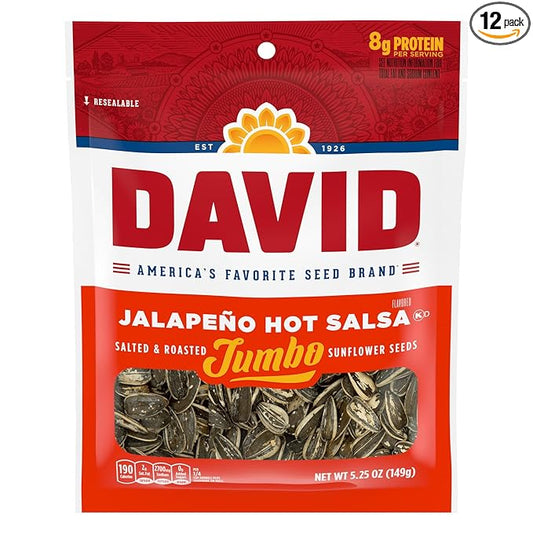 DAVID SEEDS Roasted and Salted Jalapeño Hot Salsa Jumbo Sunflower Seeds, Keto Friendly, 5.25 oz, 12 Pack