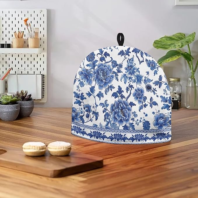 Machine Washable Tea Cozy for Teapot Stylish Blue White Flowers Pattern Tea Cosy Fabric Quilted Padding & Heat-Proof Teapot Cover Customized Soft Tea Cozy for Household Kitchen