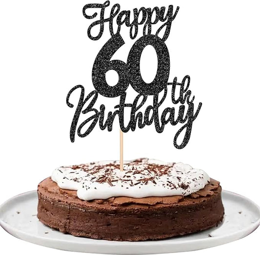 1 PCS Happy 60th Birthday Cake Topper Glitter Cheers to 60 Years Birthday Cake Pick Sixty Hello 60 Fabulous Cake Decoration for Happy 60th Birthday Anniversary Party Decorations Supplies Black