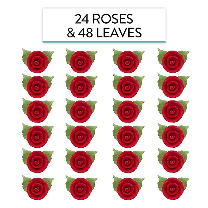 Global Sugar Art Premium Wedding & Party Edible Rose Cake & Cupcake Sugar Flowers, Red, 24 Count with Leaves by Chef Alan Tetreault