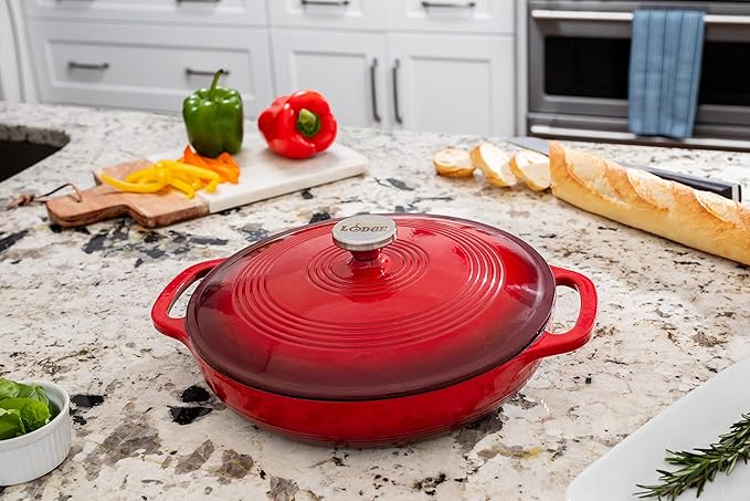 Lodge 3.6 Quart Enameled Cast Iron Oval Casserole With Lid??Dual Handles ??Oven Safe up to 500ì§?F or on Stovetop - Use to Marinate, Cook, Bake, Refrigerate and Serve ??Island Spice Red
