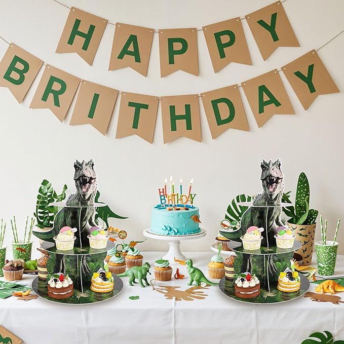 2 Pack Dinosaur Cupcake Stand Dinosaur Birthday Decorations 3 Tier Dino Cupcake Holder Dessert Tower Party Decorations for Boys Kids Baby Shower Jungle Theme Party Supplies