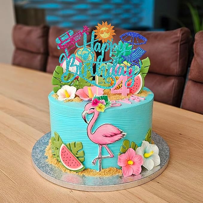1 Pack Summer Beach Happy Birthday Cake Topper Tropical Hawaiian Water Gun Cake Pick Glitter Umbrella Pool Holiday Cupcake Decoration for Summer Baby Shower Birthday Party Supplies Blue