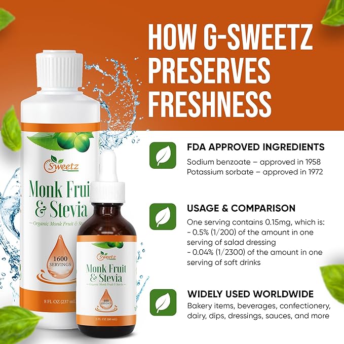 Monk Fruit & Stevia Liquid Sweetener Drops - Natural Sweeteners & Sugar Alternatives - Delicious Blend with No Bitter Aftertaste - Concentrated Sweetener Liquid Drops Extract ??8 FL OZ (1600 Servings)