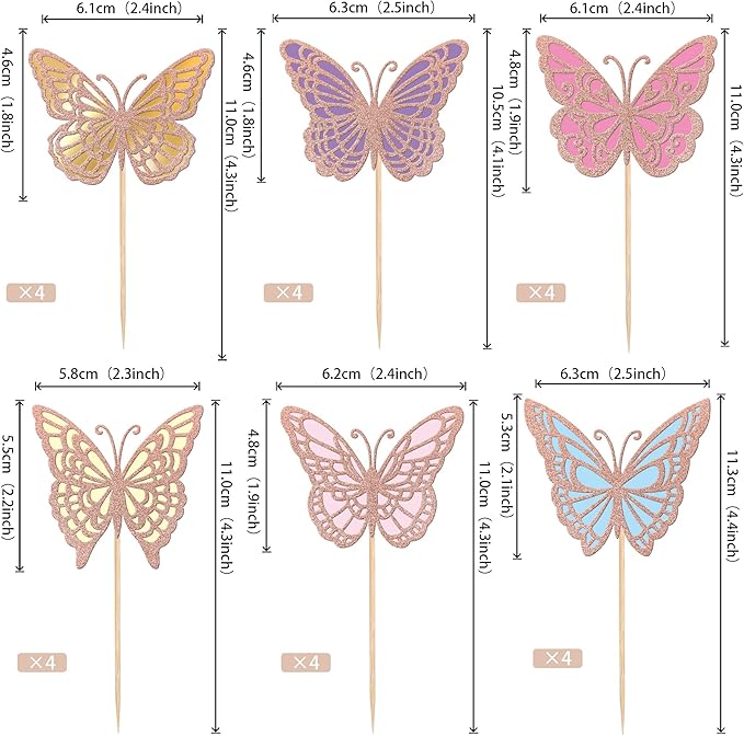 Rsstarxi 24 Pack Butterfly Cupcake Toppers Glitter Double Layers 3D Cupcake Picks Baby Shower Cake Decorations for Wedding Engagement Bridal Shower Birthday Party Supplies